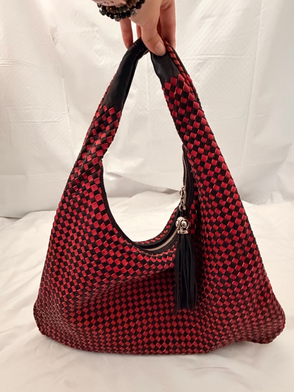 Woven Hobo vegan leather Bag in Red and Black - Sleek Everyday Shoulder Bag